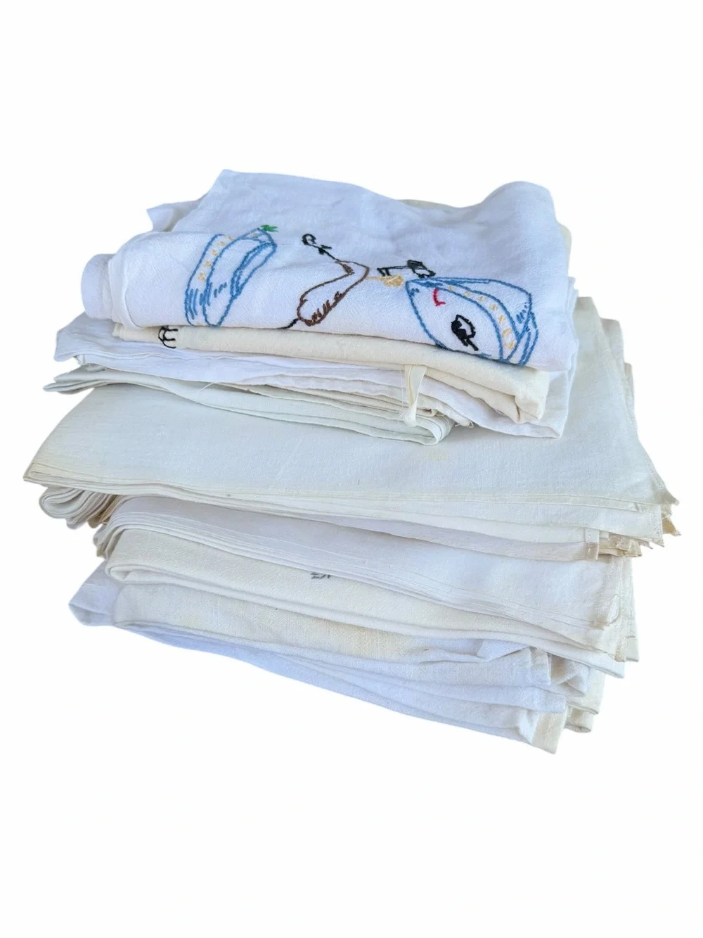 VTG 21-Piece Hand Embroidered Small Tablecloth Lot Kitschy Kittens Birds FLAWS